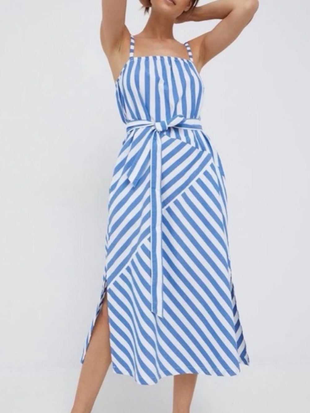 GAP Blue and White Striped Midi Dress with Tie Belt